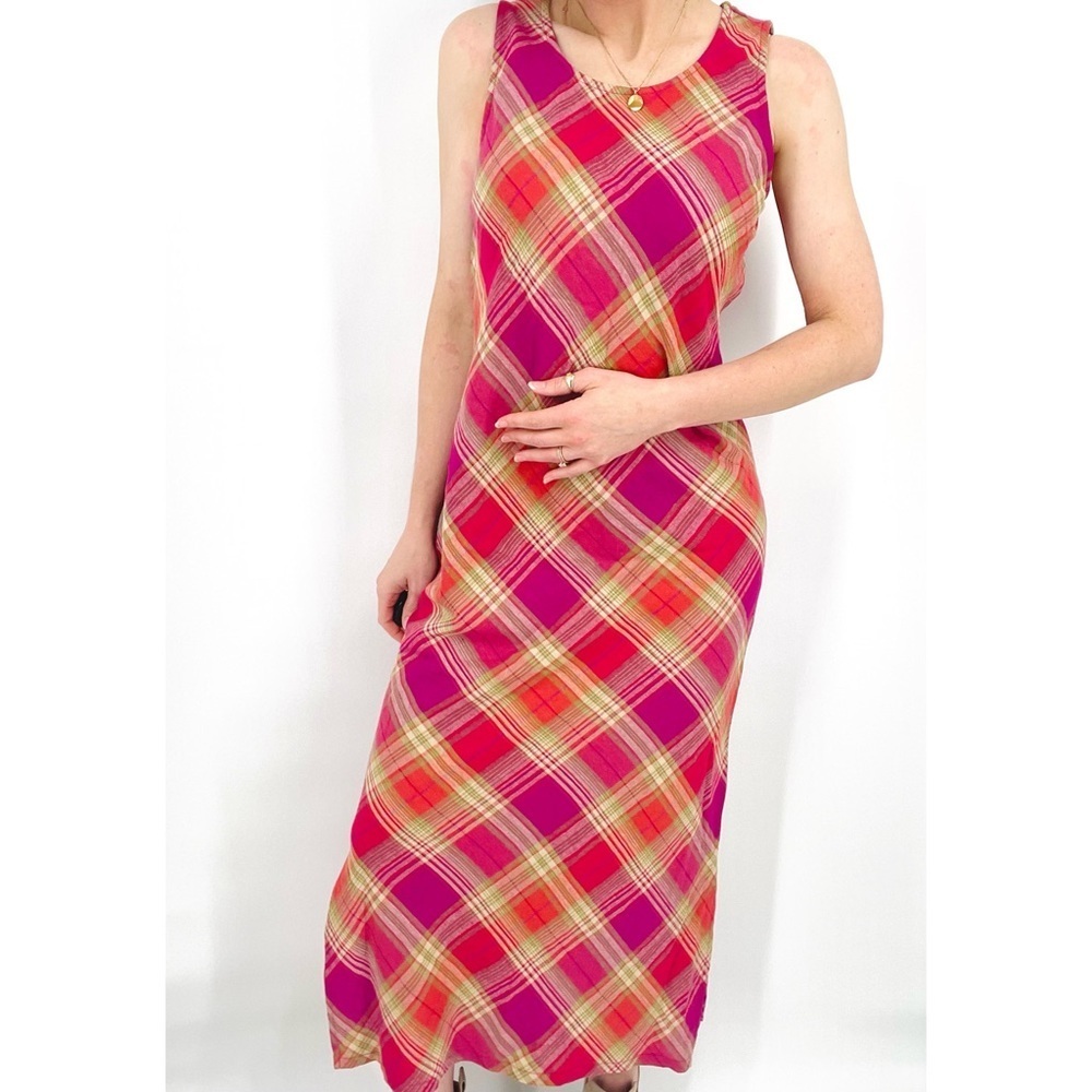 vintage cottagecore linen blend diamond plaid maxi dress in orange and pink